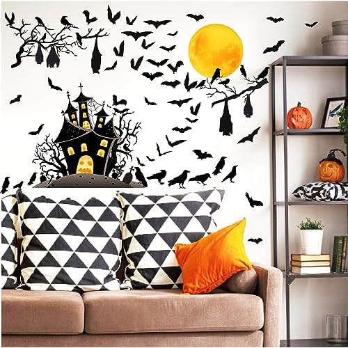 Halloween Moon Bat Wall Stickers Crow Tree Branch Decals Removable Large Halloween Castle House Bat Wall Stickers Peel and Stick Black Crows Raven Bats Decoration Party Supplies