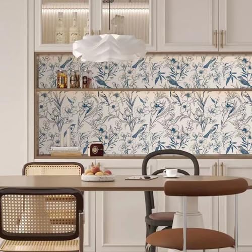 Navy Blue Floral Birds Peel and Stick Wallpaper Rustic Country Birds Floral Shelf Liner Contact Paper for Walls Bedroom Kitchen Bathroom Cabinets Dresser Drawer Furniture Decal 17.7X117 Inches