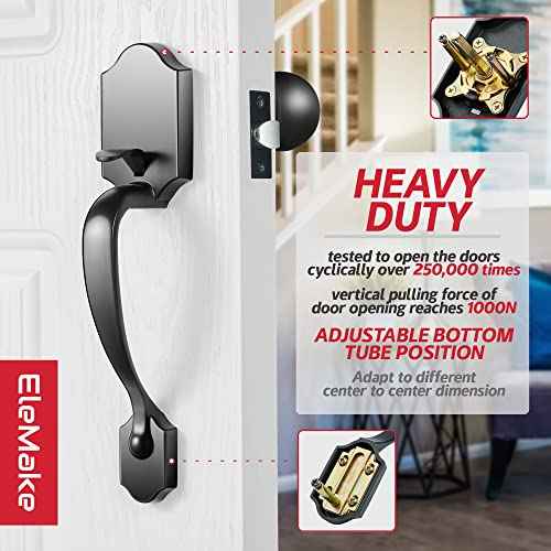 Front Door Handleset, Entry Door Handle Set with Cove Knob for Right and Left Handed Sided Doors, Interior and Exterior Entrance Passage Lock, Lower Half Grip, Matte Black