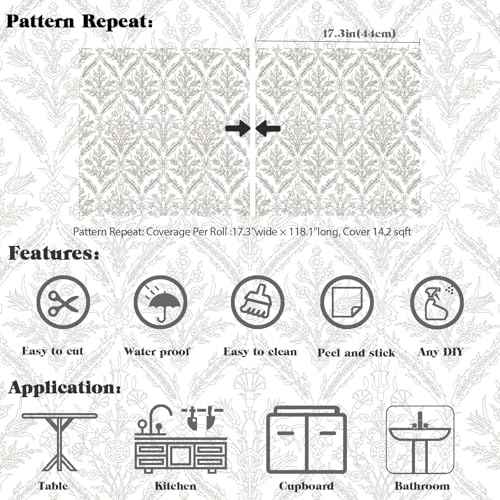 118.1" x 17.3" Peel and Stick Wallpaper Vintage Boho Contact Paper Beige Wallpaper for Bedroom Cabinets Walls