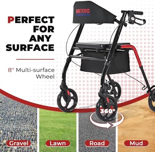 Metro Mobility Rollator Walker with Seat for Seniors, Foldable Lightweight Rolling Walker, 8" Big Wheels for All Terrain, 300 lb. Weight Capacity, Red