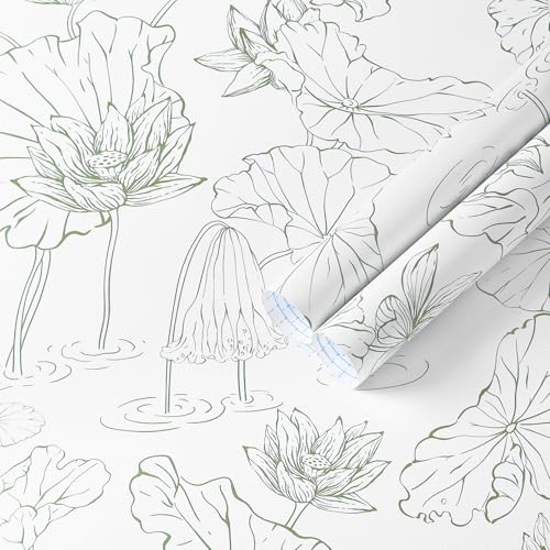 Safiyya Peel and Stick Wallpaper Green and White Floral Contact Paper Peel and Stick Wall Paper Lotus Modern Self Adhesive Removable Wallpaper for Bedroom Covering Vinyl Rolls 17.3" x 78.7"