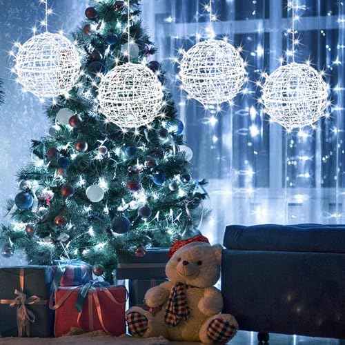 Outdoor Christmas Balls Lights Tree Lights Waterproof, 4 Pack 11.81" LED Hanging Globe Sphere Lights with 8 Lighting Modes Memory Timer Plug for Party Wedding Xmas Porch Patio Garden Yard Decorations