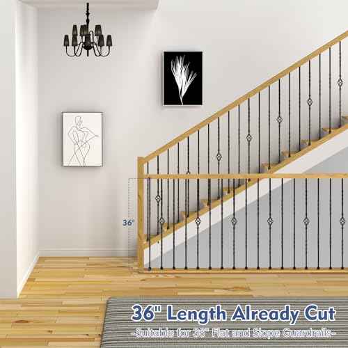 9 Pack Iron Stair Balusters, 36" Balusters for Staircase Interior, Stair Spindles Hollow Single Basket with Knuckles Double Twist 1/2" Square Metal Stair Wrought Iron Balusters (Pre-Cutting)