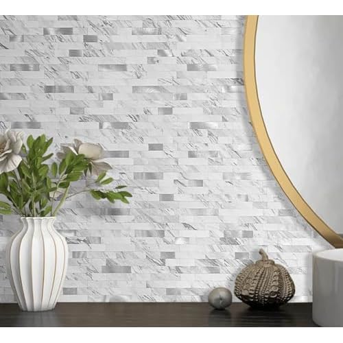 DICOFUN Peel and Stick Backsplash Tile, PVC Mixed Metal Stick on Backsplash Tiles for Kitchen and Bathroom (1, White Marble & Grey Texture)