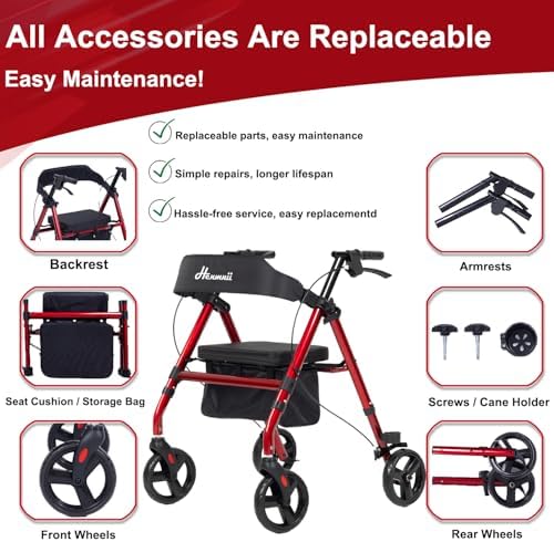 Walker for Seniors, Lightweight Rollator Walker with seat, Foldable Rolling Walker with 8 inch All Terrain Rubber Wheels, Ergonomic Adjustable Handles and Backrest for Seniors and Adult.