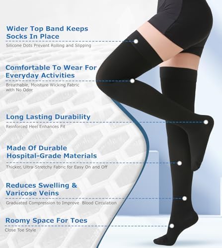 MGANG Medical 20-30 mmHg Compression Stockings for Women & Men, Pair, Thigh High Graduated Compression Socks, Closed Toe, Opaque, Support for Varicose Veins, Edema, DVT, Swelling, Flight, Black M