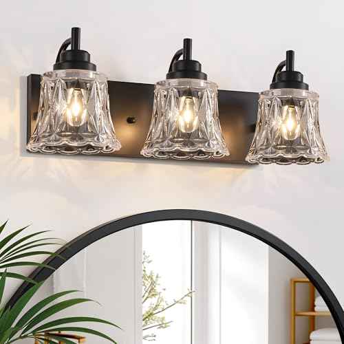 Bathroom Light Fixtures, 3 Lights Black Vanity Lights for Bathroom, Matte Black Antique Finish with Crystal Glass Shade, Farmhouse Lighting Fixtures Over Mirror for Bedroom, Living Room