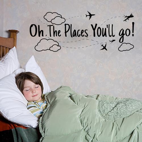 SUPERDANT Black PVC Travel Wall Stickers Oh The Places You Will Go Vinyl Wall Decor Inspirational Motivational Quotes Decals for Home Bedroom Office Decoration School Dormitory Decor 30x11.4in