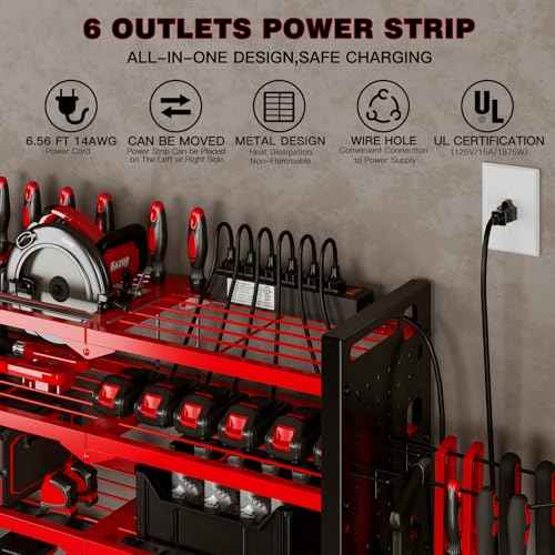Power Tool Organizer Wall Mount with Charging Station 4 Layer 6 Slot Cordless Drill Holder with Angle Grinder Holder (Red)