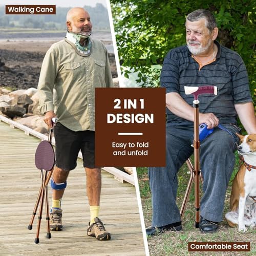 Folding Cane Seat Sturdy Lightweight Adjustable Handle Legs with LED Light Cushion for Elderly Walking Stick 300 lbs Large Plate
