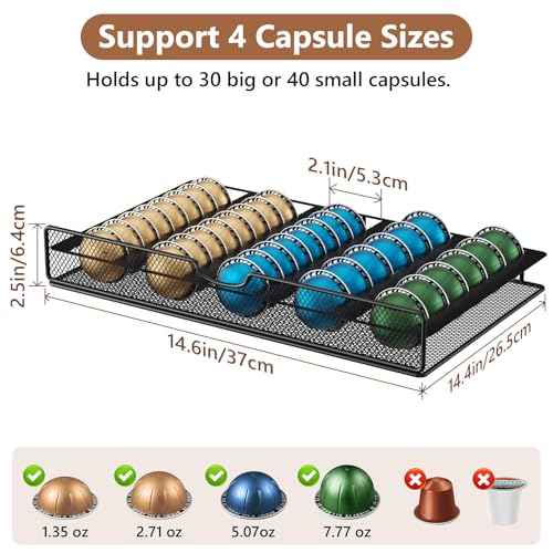 Coffee Syrup Rack Organizer, 3-Tier 8 Bottles Syrup Rack with Pod Holder Drawer for Nespresso Pods, Holds up to 30 Big or 40 Small Capsules, Countertop Coffee Bar Organizer for Kitchen Cafe
