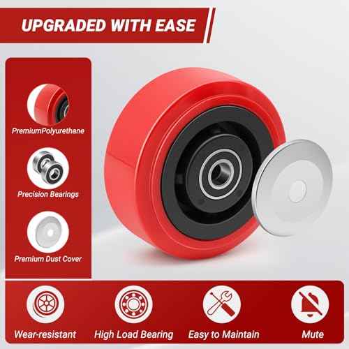 Nefish 5" X 2" Caster Wheels, Polyurethane on Polyolefin Core Wheel with Double Ball Bearing and Dust Cover 1/2" Bore Heavy Duty Replacement Caster Wheels 3200 lbs Capacity Set of 4