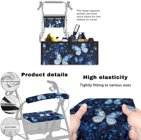 LedBack Blue Butterflies Mobility Scooter Accessories Sets for Seniors Walker Rollator Seat Cushion Back Cover Underseat Pouch Tote for Rolling Walkers