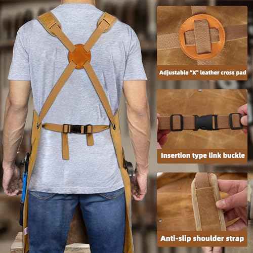 Men's Waxed Canvas Woodworking Apron With Pockets Heavy Duty Workshop Apron Adjustable Cross Straps to S-3XL