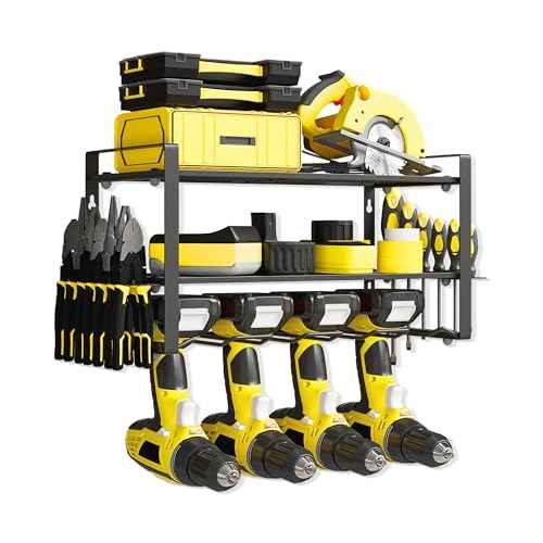 Power Tool Organizer Wall Mount, 3-Tier Heavy Duty Metal Rack Loads 180lbs with 4 Drill Holders and Side Hooks, Tool Battery Utility Rack Suitable Garage