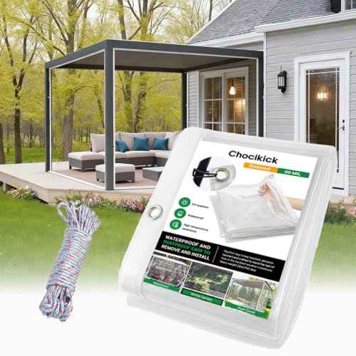 Clear Tarp Heavy Duty Waterproof 10 x 10 FT, 20 Mil Clear Tarps with Grommets, Heavy Duty Clear Vinyl Tarp for Patio Pergola Garden Canopy Rainproof Wind-Proof Anti-Tear (10 x 10FT)