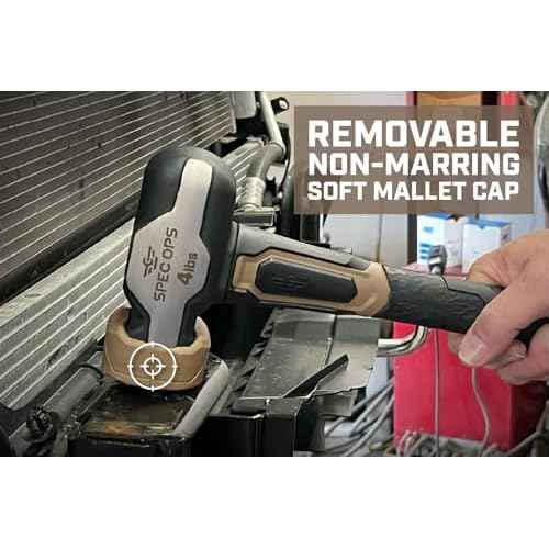 Spec Ops Tools Engineering Hammer, 4 lb Sledge hammer with Removable Soft Mallet Cap & Bi-Material Shock Absorbing & Vibration Dampening Handle, 3% Donated to Veterans, Black/Tan