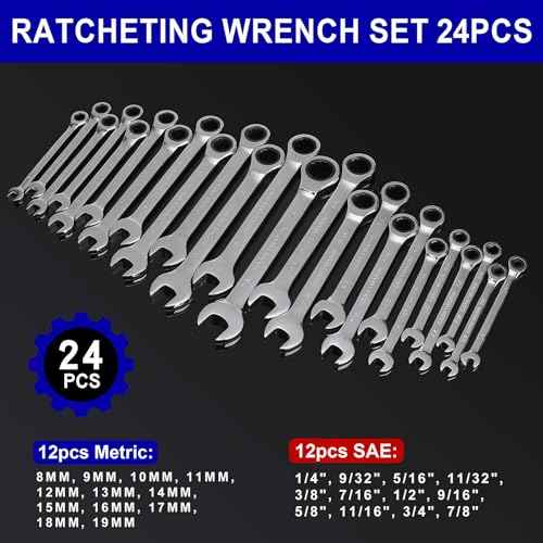 24pcs Ratcheting Wrench Set with Rollup Pouches Metric (8mm to 19mm) & SAE (1/4" to 7/8") Ratchet Combination Wrenches Set Wrench set Metric and Standard