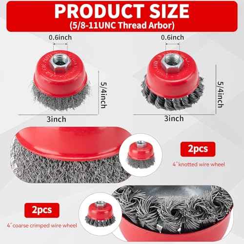 8 Pcs Wire Wheel Brush for 4-1/2 Angle Grinder, 4pcs 4¡± Wheel Brushes, 4pcs 3¡± Cup Brush Set, 5/8 -11 Threaded Arbor, Angle Grinder Wire Wheel for Rust, Corrosion, Paint Removal