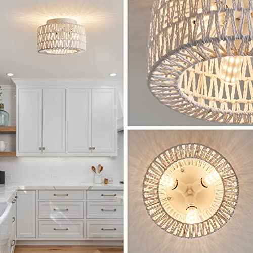 Rattan Light Fixtures Ceiling Mount, 3-Lights Boho Flush Mount Ceiling Light, Hand-Woven Cage Shade Lamp Lighting, Rustic Rattan Chandelier for Hallway Bedroom Kitchen Farmhouse Foyer Entryway (White)