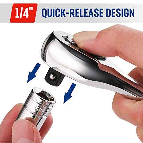WORKPRO 1/4-Inch Drive Ratchet Wrench, 72-Tooth Reversible Ratchet, Quick-Release 1/4 Drive Ratchet Handle, CR-MO Head, Chrome Plated Finish