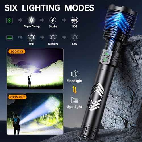 Rechargeable Flashlights 6000.000 High Lumens, Super Bright LED Flashlight with Long Handle, Large Capacity Battery, Zoomable & 6 Modes, Waterproof Handheld Flashlight for Camping Emergencies Home