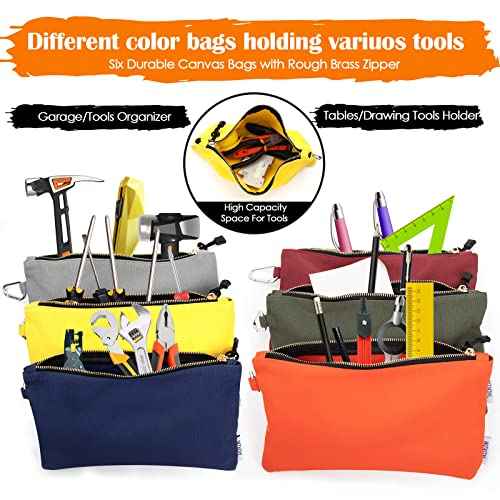 Canvas Tool Pouch Zipper Bags,16OZ(A) Utility Bags Heavy Duty Tools Pouch with Carabiner, 12 * 7 Inch Multipurpose Durable Storage Organizer Tote,6 Pack