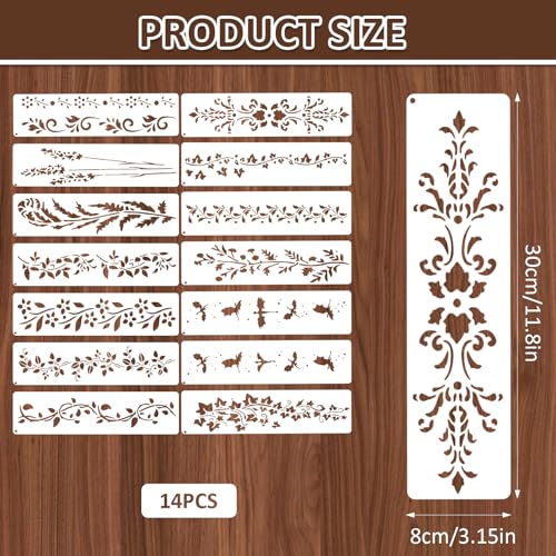 14Pcs Large Border Flower Stencils for Painting on Walls, Reusable Leaf Vine Wood Burning Stencils with Hoop, Drawing Background Templates DIY Craft Home Decor(11.8¡¿3.15 inch)