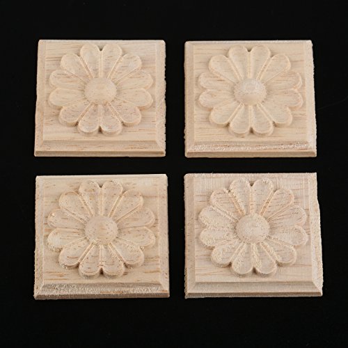 MUXSAM Wooden Carved Appliques Onlays, 4-Pack Unpainted Solid Wood Square Carvings Decals for Cabinet Dresser Cupboard Mirrors Walls Doors Closet Fireplace Wardrobe DIY Project, 6x6cm/2.36"x2.36"