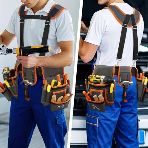 Tool Belt, Professional Tool Belts for Men, Magnetic Tool Pouch With Suspenders, Heavy Duty Detachable Adjustable Utility Belt Work Bags for Electrician, Carpenter (Gray and Orange, 32''-66'')