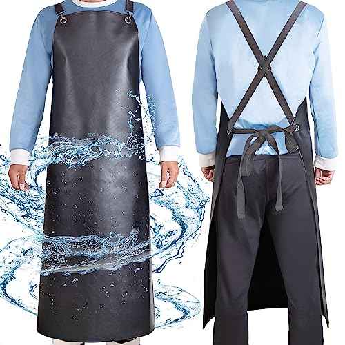 Waterproof Rubber Apron, 43" Anti-Tear Heavy Duty Vinyl Adjustable Thicker Cross Back Dishwasher Apron for Restaurant Dishwashing, Butcher, Lab Work, Dog Grooming Black