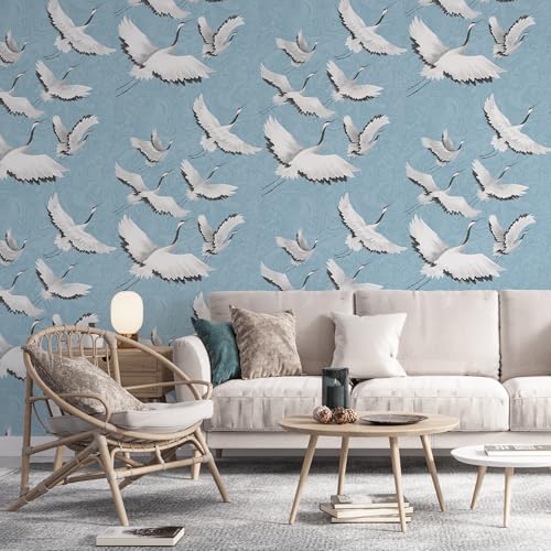 Peel and Stick Wallpaper for Home Decoration Kitchen White Crane Blue Wallpaper Removable Vinyl Self Adhesive Shelf Paper & Drawer Liner Roll House, Workshop & Office 17.3" x 79" TH8096-2