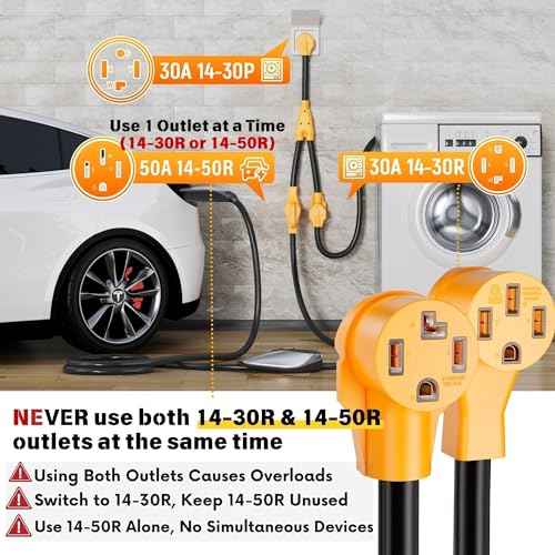 MECMO 4 Prong Modern Dryer to EV Charger Y Splitter, NEMA 14-30P to 14-50R & 14-30R Dual Outlets Adapter Cord 2ft for EV Car Charging, Newer Dryers & RVs - ONE Device at A TIME (Max 30A Shared)