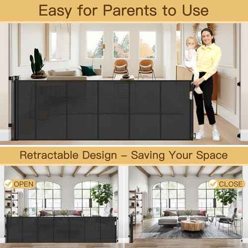 Reinforced Bottom 100 Inch Retractable Baby Gates Extra Wide Baby Gate for Large Openings, 8 ft Super Long Child Gates for Large Openings, Mesh Retractable Dog Gate for Doorways Extra Wide, Black