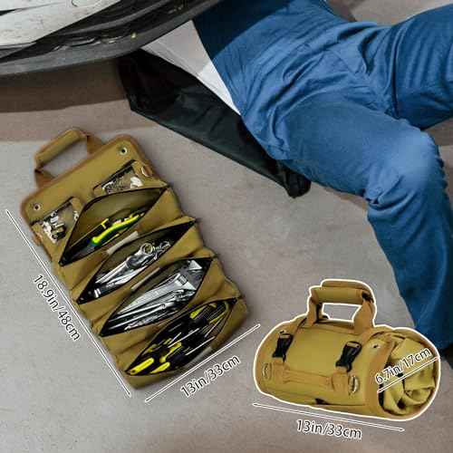 Tomorotec Heavy Duty Roll Up Tool Bag Organizer - Tool Roll Bag with 2 Detachable Pouches, Labeled Compartments & Expandable Pockets - Compact, Portable Storage