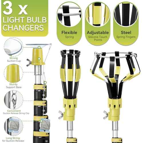 Dreyoo Light Bulb Changer Set with 3 to 12 ft Telescopic Extension Pole, Cage and Suction Cup Light Bulb Changer for High Ceilings and Recessed Lights, Ceiling Lightbulb Removal Tool, Yellow