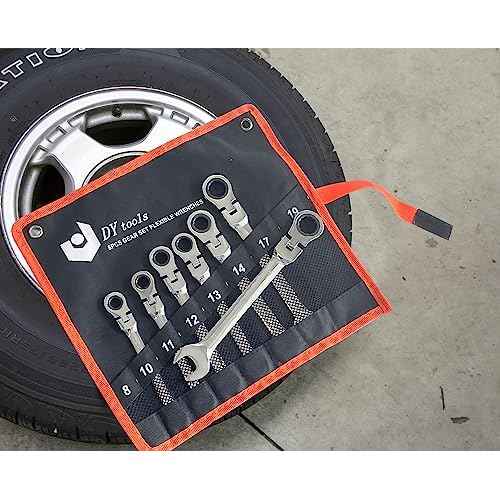 8 Piece Flex-Head Ratcheting Combination Wrench Set, 8-19mm Metric Chrome Vanadium Steel Spanner, Gear Ring Ratchet Wrenches with Rolling Pouch