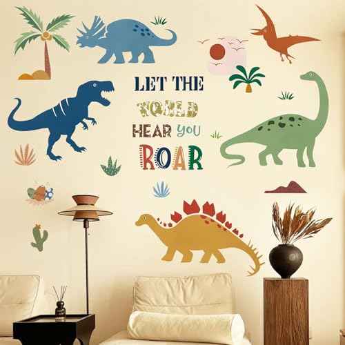 Boho Dinosaur Wall Decals with Palm Trees - Peel and Stick Dinosaur Wall Decor for Boys Room, Kids Bedroom, Playroom