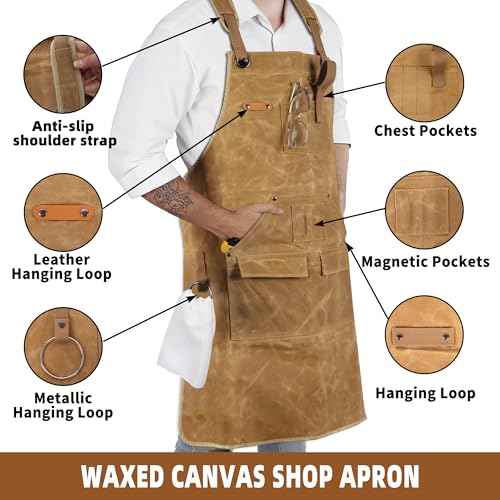 Men's Waxed Canvas Woodworking Apron With Pockets Heavy Duty Workshop Apron Adjustable Cross Straps to S-3XL