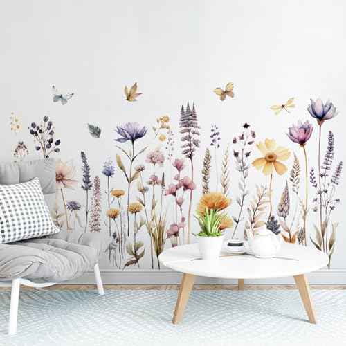 Wildflower Wall Decals Wall Decor Boho Flower Stickers, Dandelion Grass Wall Art Murals, 3D Flower Pattern Self-Adhesive Wall Stickers for Girls Bedroom Living Room Nursery Decor