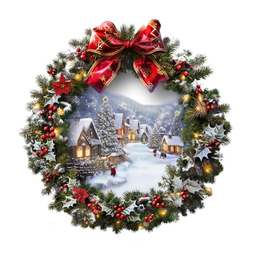 Christmas Wreath Wall Decals with Ribbon Peel and Stick Christmas Mural Art Stickers for Christmas Party Home Kitchen Decor (A)