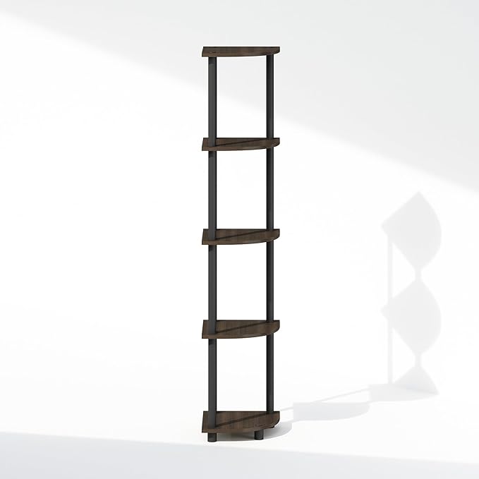 Furinno Turn-N-Tube Storage Shelves, 5-Tier Book Shelf, Corner Shelf, Toolless Open Shelves, for Organization and Storage, Living Room, Home Office, Hallway, Bedroom, Dark Brown Grain