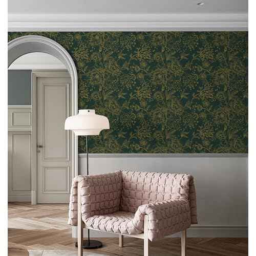 Safiyya Peel and Stick Wallpaper Boho Floral Contact Paper 78.7" x 17.3" Gold and Dark Green Wall Paper Modern Self Adhesive Removable Wallpaper for Bedroom Bathroom Vinyl Rolls