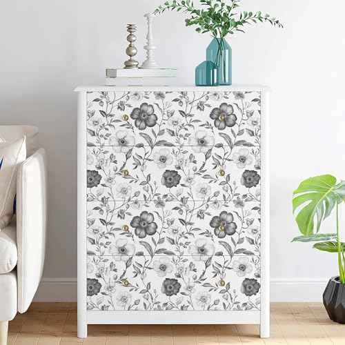 Hand Drawn Floral Contact Paper White and Black Peel and Stick Wallpaper 17.3"x120" Sketch Flower Waterproof Self Adhesive Removable Wall Paper for Countertop Furniture Bedroom