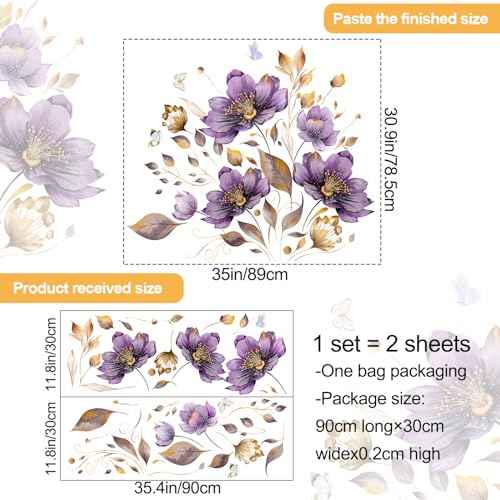 AM AMAONM Creative Removable Flowers Wall Decal DIY Floral with Plant Vine Wall Stickers 3D Peel and Stick Butterfly Wall Decor for Kids Little Girls Teens Bedroom Nursery Living Room Home (Purple)