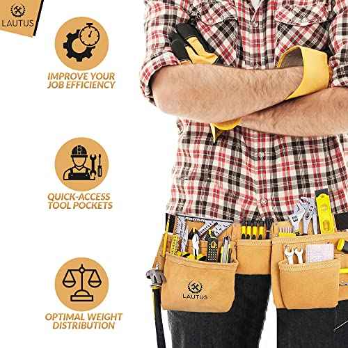 LAUTUS Suede Tool Belt/Pouch/Bag/Work Apron | Carpenter, Construction, Framers, Electrician |11 Pockets | Adjustable Double Pronged Belt | 2 Hammer Loops|