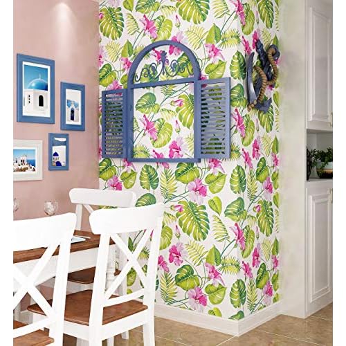 LACHEERY Tropical Palm Leaf Peel and Stick Wallpaper 17.7" x 6.8ft Removable White Green Pink Contact Paper Decorative Self Adhesive Floral Wallpaper for Bedroom Walls Shelf Drawer Liner Nightstand