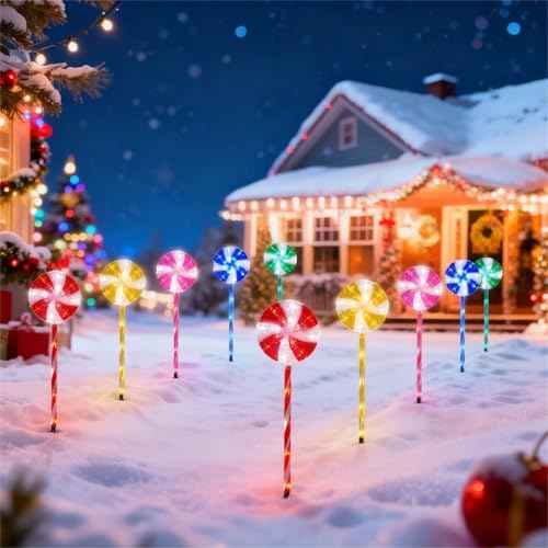 BRIGHTDECK Lollipop Solar Christmas Pathway Lights Outdoor, 10 Pack LED Christmas Decor with 8 Lighting Modes, Light Up Solar Stake Lights for Holiday, Xmas, Walkway, Sidewalk (Multicolour, 10 PCS)