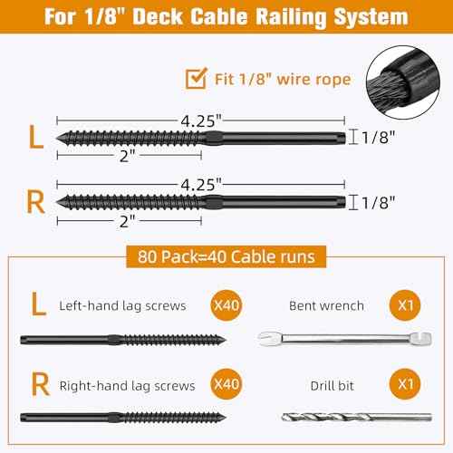 Swage Lag Screws for Cable Railing - 80 Pack Black T316 Stainless Steel Left and Right Handed Thread - 1/8" Cable Railing Hardware Kit for Deck Stair Wood Post Railing System